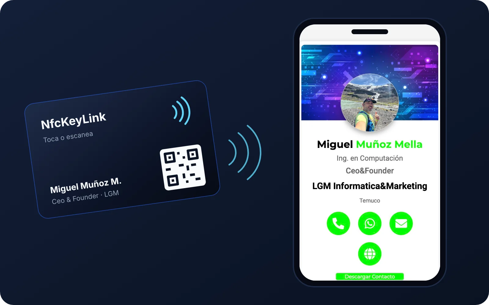 Tarjeta NfcKeyLink y la tarjeta digital de contacto que abre en el celular