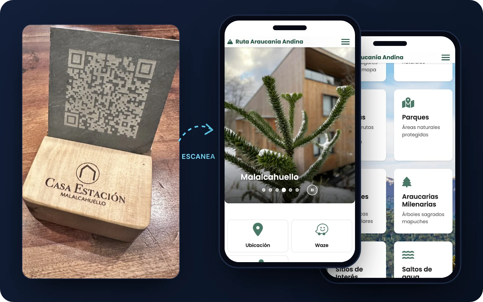 Código QR grabado en pizarra sobre base de madera en Casa Estación Malalcahuello, que abre la guía Ruta Araucanía Andina en el celular